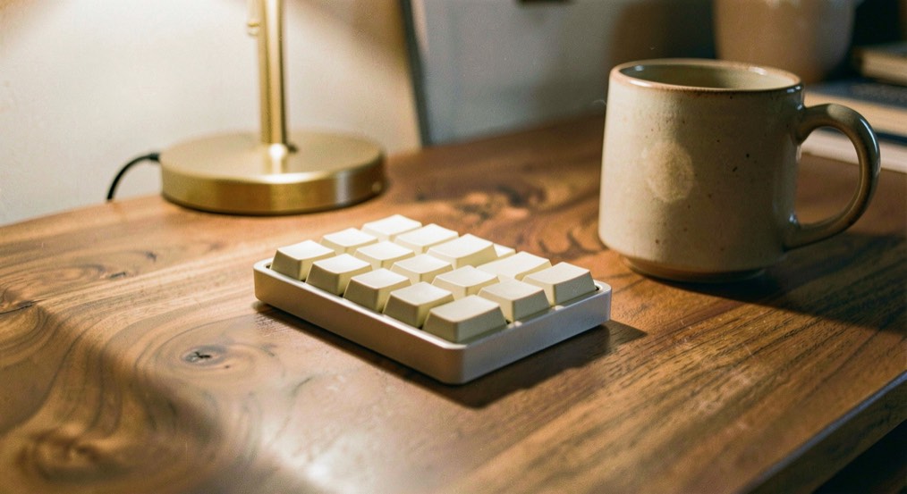 A small standalone numeric keypad with plain blank ivory keycaps without any printing, on a walnut desk beside a ceramic mug, warm lamp light in the evening, close view from a low side angle