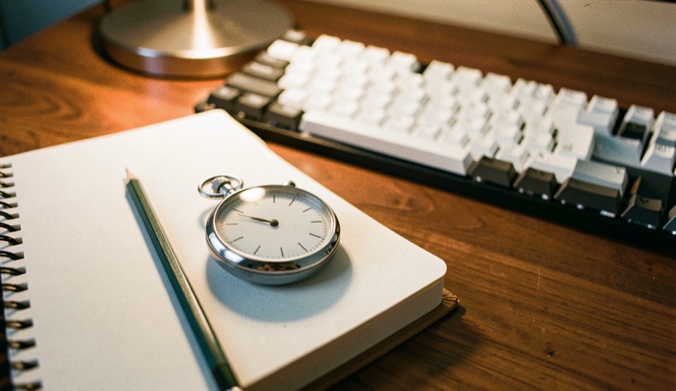 A silver stopwatch with a plain white dial marked only with fine tick marks, resting on a closed spiral notebook beside a sharpened pencil, a keyboard with blank keycaps further back on a walnut table, warm desk lamp light in the evening, shallow depth of field